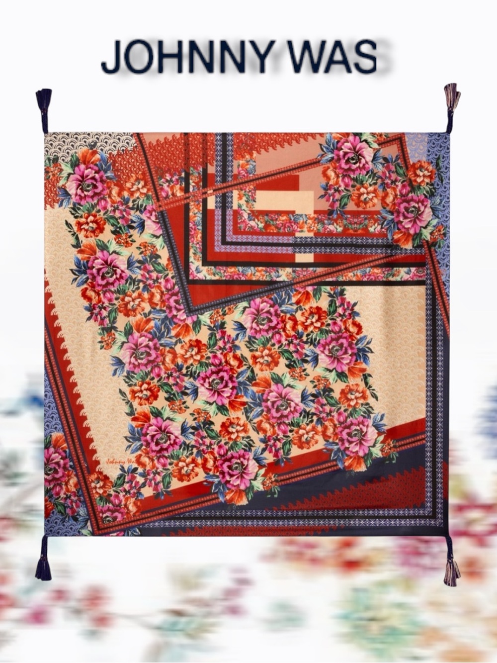 NWT Johnny Was Window Silk Scarf Floral Tassel Trim Square A BEAUTY!